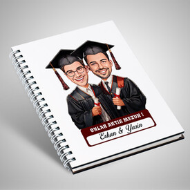  - Karikatürlü Üniversiteli İki Erkek Arkadaş Mezuniyet Defter