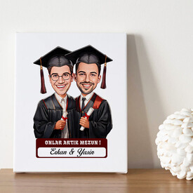 Karikatürlü Üniversiteli İki Erkek Arkadaş Mezuniyet Kanvas Tablo - Thumbnail