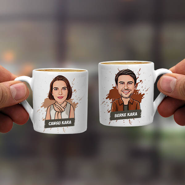 Karikatürlü Uyumlu Çiftler İkili Kahve Fincanı