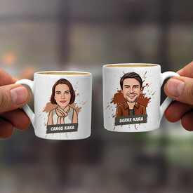 Karikatürlü Uyumlu Çiftler İkili Kahve Fincanı - Thumbnail