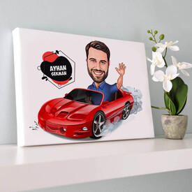 Kırmızı Spor Arabada Hız Yapan Erkek Karikatürlü Kanvas - Thumbnail