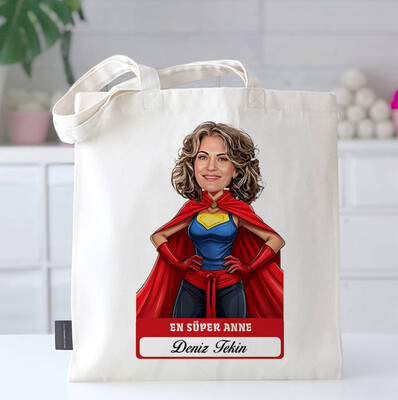  - Kişiye Özel En Süper Anne Karikatürlü Bez Çanta