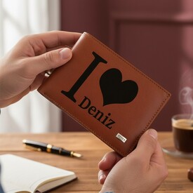  - Kişiye Özel I LOVE Taba Deri Cüzdan