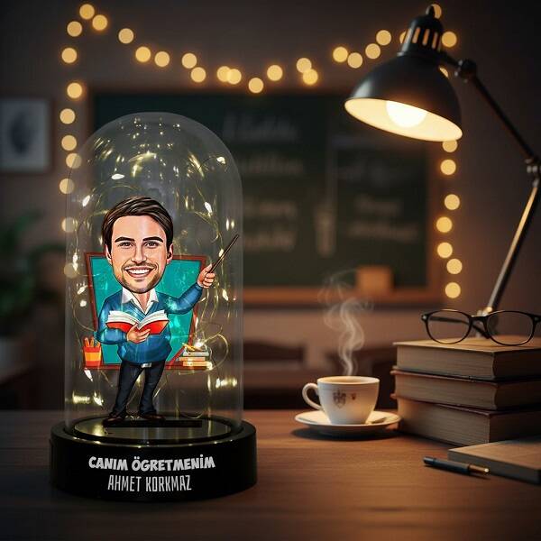 Kişiye Özel Yakışıklı Hocam Karikatürlü Fanus Biblo