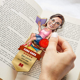 Kitap Kurdu Kadın Karikatürlü Kitap Ayracı - Thumbnail