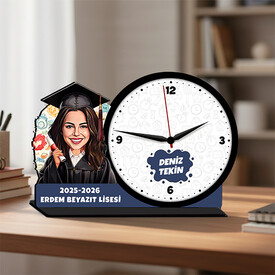  - Kız Mezun Öğrenci Karikatürlü Masa Saati