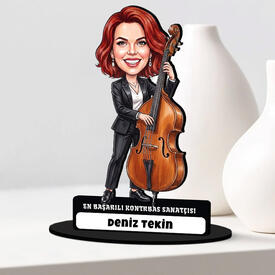 Kontrbas Sanatçısı Müzisyen Kadın Karikatürlü Biblo - Thumbnail
