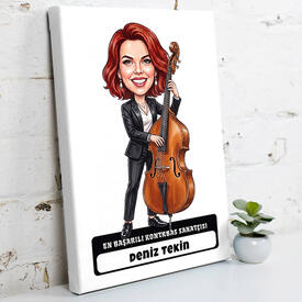 - Kontrbas Sanatçısı Müzisyen Kadın Karikatürlü Kanvas Tablo