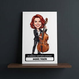  - Kontrbas Sanatçısı Müzisyen Kadın Karikatürlü Kanvas Tablo