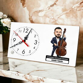  - Kontrobas Sanatçısı Müzisyen Erkek Karikatürlü Masa Saati