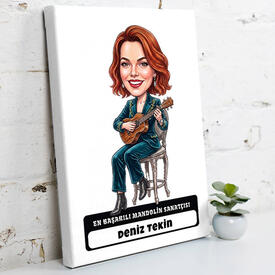  - Mandolin Sanatçısı Müzisyen Kadın Karikatürlü Kanvas Tablo