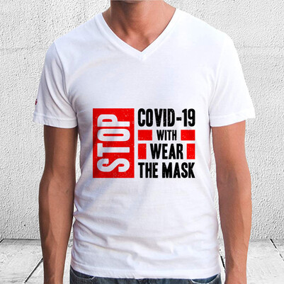 Maskeni Tak ve Virüsü Durdur Baskılı Tişört - Thumbnail