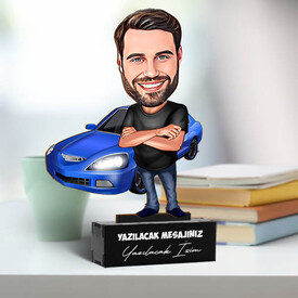 Mavi Arabası Olan Erkek Karikatürlü Biblo - Thumbnail