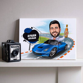 Mavi Spor Araba ve Ben Karikatürlü Kanvas - Thumbnail