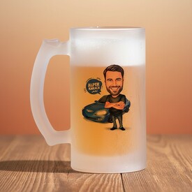  - Mavi Spor Araba ve Yakışıklı Erkek Karikatürlü Bira Bardağı