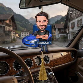  - Mavi Spor Araba ve Yakışıklı Karikatürlü Araba Süsü