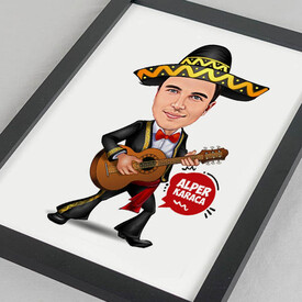 Meksika Kostümlü Erkek Karikatürlü Resim Çerçevesi - Thumbnail