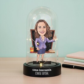 Mor Elbiseli Kadın Öğretmen Karikatürlü Fanus Biblo - Thumbnail