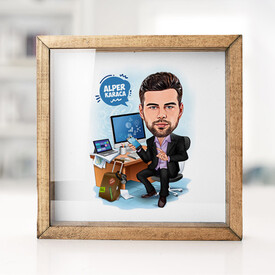 Muhasebeci Erkek Karikatürlü Ahşap Çerçeveli Kumbara - Thumbnail
