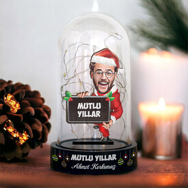 Mutlu Yıllar Mesajlı Noel Baba Karikatürlü Fanus Biblo - Thumbnail