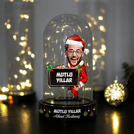 Mutlu Yıllar Mesajlı Noel Baba Karikatürlü Fanus Biblo - Thumbnail