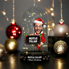 Mutlu Yıllar Mesajlı Noel Baba Karikatürlü Fanus Biblo - Thumbnail