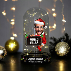 Mutlu Yıllar Mesajlı Noel Baba Karikatürlü Fanus Biblo - Thumbnail