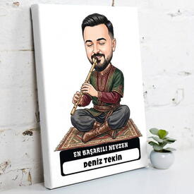 - Neyzen Ustası Müzisyen Erkek Karikatürlü Kanvas Tablo