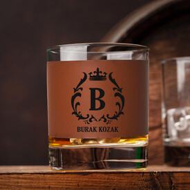 Orijinal Kral Tacı Tasarımlı Viski Bardağı Taba Derili - Thumbnail
