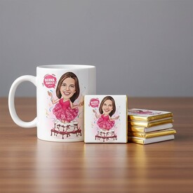  - Pastadan Çıkan Kadın Karikatürlü Kupa ve Çikolata