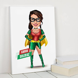  - Pelerinli Süper Kahraman Kostümlü Kadın Karikatürlü Kanvas Tablo