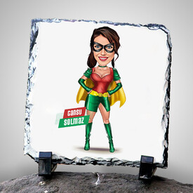  - Pelerinli Süper Kahraman Kostümlü Kadın Karikatürlü Taş Blok