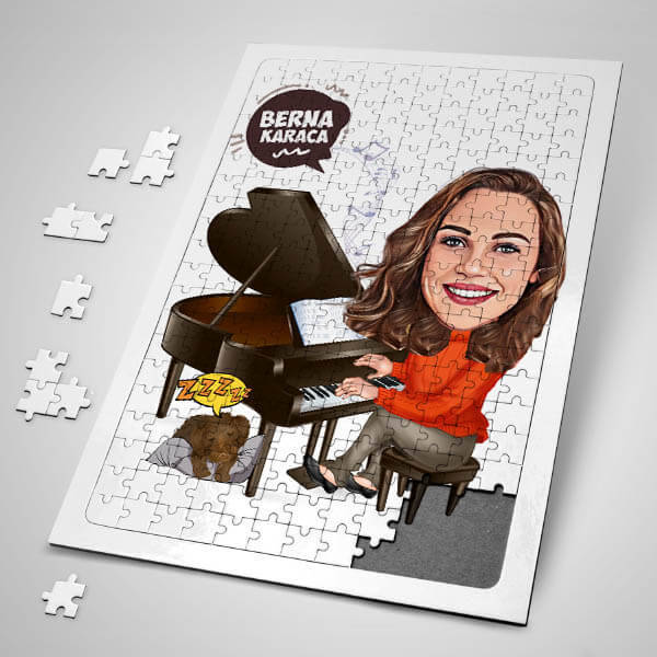 Piyanist Kadın Karikatürlü Puzzle