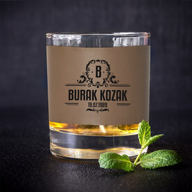 Premium isim ve Baş Harfli Viski Bardağı Vizon Derili - Thumbnail