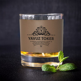 Premium Tasarımlı İsimli Vizon Deri Kaplı Viski Bardağı - Thumbnail