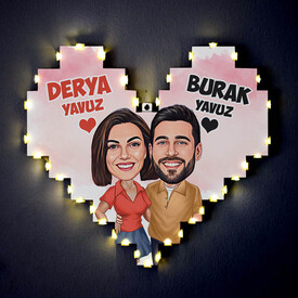 Romantik Aşıklar Karikatürlü Işıklı Pano - Thumbnail