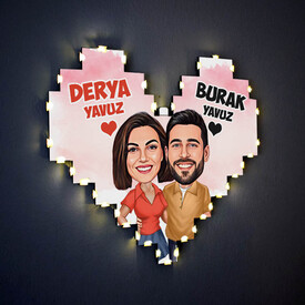 Romantik Aşıklar Karikatürlü Işıklı Pano - Thumbnail