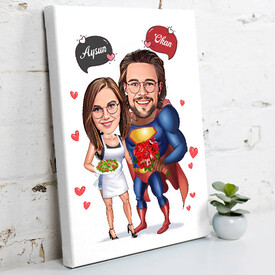 Romantik Kahraman ve Sevgilisi Karikatürlü Kanvas Tablo - Thumbnail