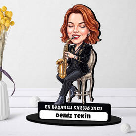 Saksafon Sanatçısı Müzisyen Kadın Karikatürlü Biblo - Thumbnail