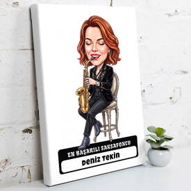  - Saksafon Sanatçısı Müzisyen Kadın Karikatürlü Kanvas Tablo