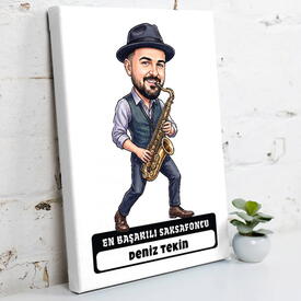  - Saksafoncu Müzisyen Erkek Karikatürlü Kanvas Tablo