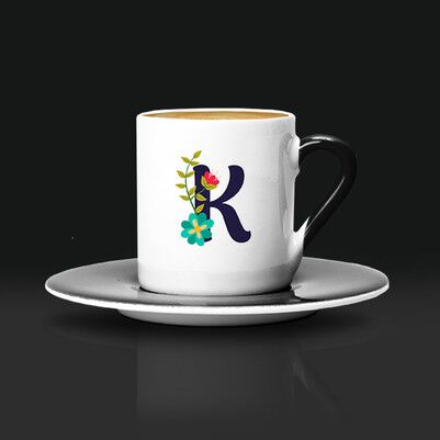 Sarı Gül Desenli Harfli Kahve Fincanı - Thumbnail