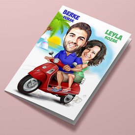 Scooter Süren Çiftler Karikatürlü Tebrik Kartı - Thumbnail