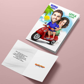 Scooter Süren Çiftler Karikatürlü Tebrik Kartı - Thumbnail