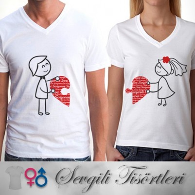  - Sevgili Tişörtleri - 2li Birleşen Kalpler T-Shirt