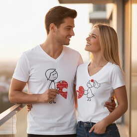  - Sevgili Tişörtleri - 2li Birleşen Kalpler T-Shirt