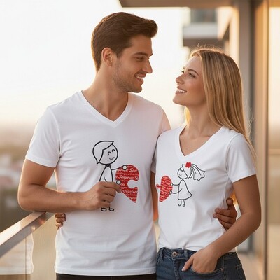 Sevgili Tişörtleri - 2li Birleşen Kalpler T-Shirt