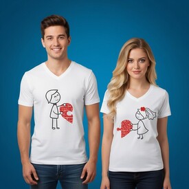  - Sevgili Tişörtleri - 2li Birleşen Kalpler T-Shirt