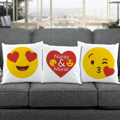  - Sevgililere Özel 3'lü Aşık Emoji Yastık Seti
