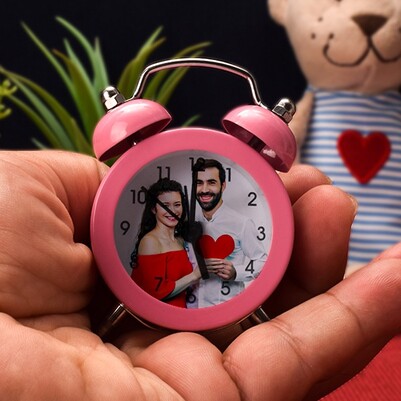 ​Sevgililere Özel Resimli Pembe Mini Çalar Saat - Thumbnail